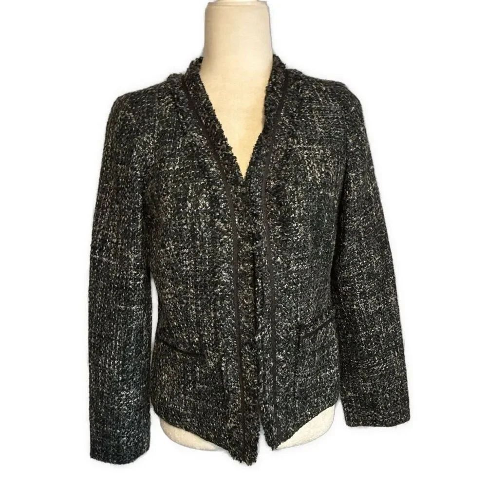 talbots black gray tweed long sleeve blazer 8 P Medium